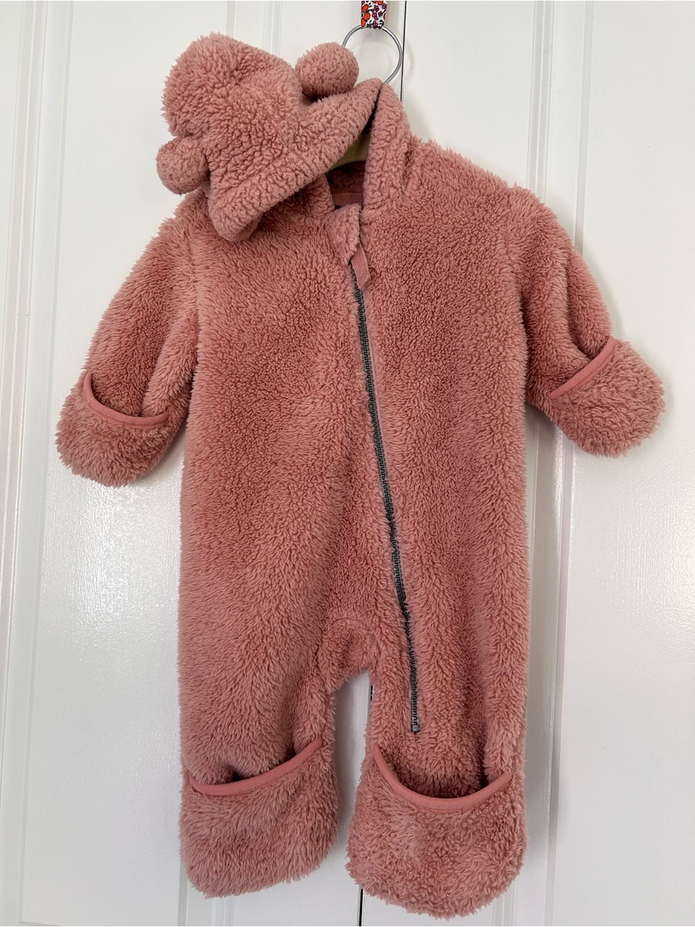 Hanna Andersson 3-6 months teddy bear hooded pink bunting fleece snowsuit winter